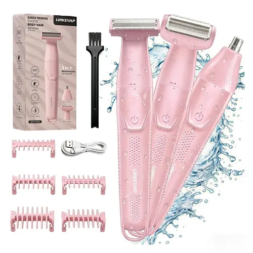 [LINKEVAP] Women's 3-in-1 Rechargeable Waterproof Hygienic Shaver Grooming Tool - Boxed, Polyester Fiber, Biodegradable Single Item, Face & Body Trimmer, Bikini Groomer, Nose Hair Cutter, Gentle Trim, Painless Removal, Daily Care | Mother’s Day Gift
