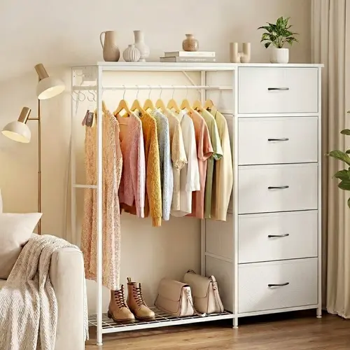 Dresser with Hanging Rack, Small Cloest with 4 Drawers, Tall Storage Tower with Clothse Rack, Sturdy Frame, Fabric Chest for Bedroom, White, 44''H