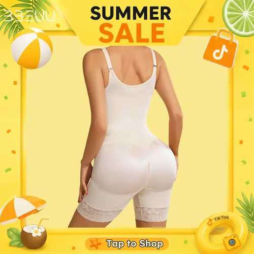 BBEUU Live Women's Colombian Shapewear Bodysuit – Full Body Shaper with Bust Enhancement, Waist Cinching & Butt Lifting, Front & Crotch Zipper for Easy On/Off, Adjustable Straps, Lace Trim, V-Neck, Sexy Elegant Postpartum Recovery Bodycon Suit