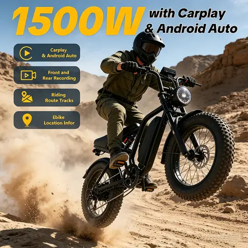 【2026 NEW】Hieha 1500W Smart E-Bike - 34 MPH, 40-70 Miles Range, Fat Tire Electric Bike with CarPlay & Android Auto, Dual Dash Cameras (Front & Rear), App Control, 48V 15Ah Battery, Full Suspension, UL Certified