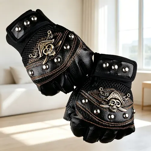 Men's Personality Skull Half-Finger Gloves, Pirate-Style Rivet Accent Fashion Gloves, Ideal for Outdoor Cycling and Halloween Activities