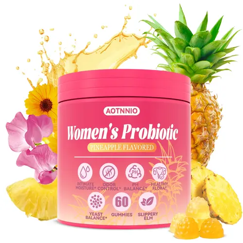 Pineapple Flavor, Women's Probiotics Gummies for pH Balance & Immune Support, Slippery Elm, Prebiotics & Lactobacillus, Vegan, Gluten-Free,  60 Gummies