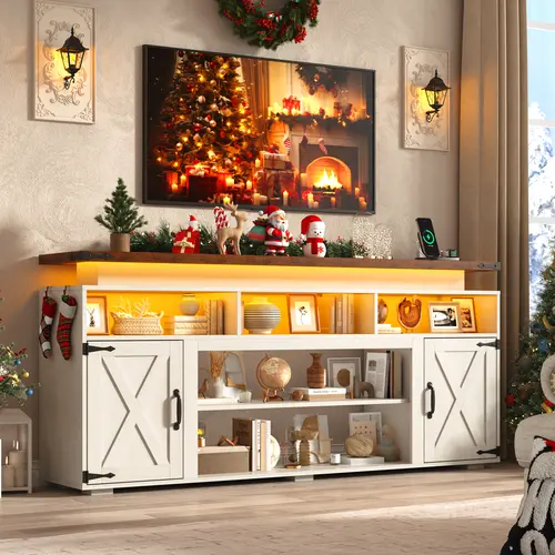 70.1"/95" Farmhouse TV Stand w/Power Outlets for 70/75/80/90/95/100 Inch TV, Entertainment Center w/LED Lights, Rustic Media Console w/Sliding Barn Door for Living Room,Antique White/Brown