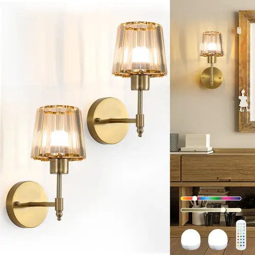 LIKERTLA Crystal Battery-Operated Wall Sconces Set of 2, Gold Rechargeable Wireless Wall Lamps with Remote, 13 Colors RGB Dimmable, Auto Timer Decor Fixture for Living Room, Bedroom, Room Decor, Home Accessory, Apartment Decor Ideas