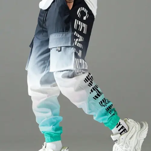 Men’s Gradient Cargo Jogger Pants - Color Block, Bold Letter Print, Graphic, Comfy Activewear, Large Flap Cargo Thigh Pockets - Casual Sports Joggers for Edgy Streetwear, Festival Outfits