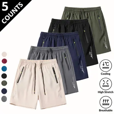 Men's 5-Pack Solid Color 3-Quarter Activewear Shorts - Summer Casual, Breathable, Comfortable, Secure Pockets, Easy Carry Quick Grab-and-Go Everyday Shorts, Tropical Beige, Sportswear, SpringStatements Menswear, Father's Day Gifts