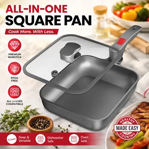 FOGDREAM Premium Nonstick Titanium Alloy-Aluminum Oblong Frying Pan Skillet Cookware, Extra-Deep 3-Section Design, 360° Swivel Handle, Smart Micro-Pressure Glass Lid, Rapid Thermal Conduction, Induction Safe, Oil & Dish-Friendly for Healthy Cooking