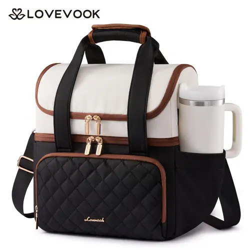 LOVEVOOK Insulated Lunch Bag For Women,Large Double Deck Adult Lunch Box,Teacher Lunch Tote Bag With Cup Holder,Leakproof Cooler Bag With Adjustable Shoulder Strap For Work Picnic Beach,Larger 15L