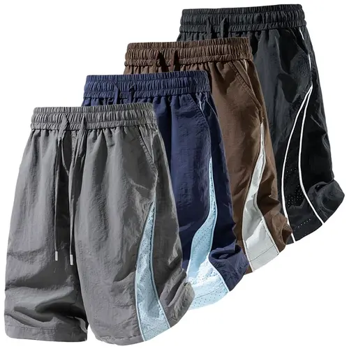Men’s Colorblock American Retro Ice Silk Casual Athletic Shorts - 3-Pack, Drawstring Elastic Waistband, Pockets, Breathable, Quick Dry, Lightweight, Loose, 95% Polyester, 5% Elastane, Machine Washable, Beach-Ready Wear, Summer Sports Gift