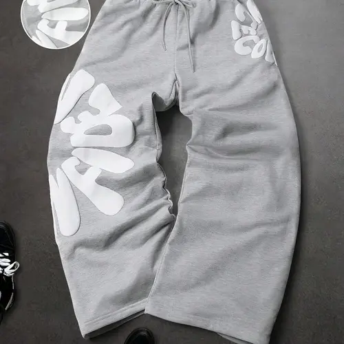 Men's Letter Print Drawstring Waist Casual Sports Pants, Comfortable and Stylish Athletic Wear, Loose Sweatpants with Layered Waist, Sportswear, Knitted Sports Pants, Sporty Casual Sweatpants