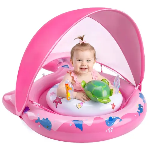 Pink Inflatable Baby Pool Float Set for 6-36 Months Kids - Toddler Playset with UPF50+ Sun Protection, Cushioned Safety Seat, Compact Lightweight Design, Built-in Play Tray, Air Pump, Colorful Toys, Portable Storage for Lake Use