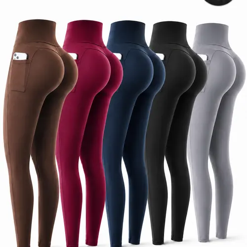 OKP Women's 5-Pack Fitted Solid High-Waist Compression Pocket Sports Leggings - Gym Running Bottoms, Comfy Breathable Skinny Pants for Yoga, All Seasons, Leggings Women