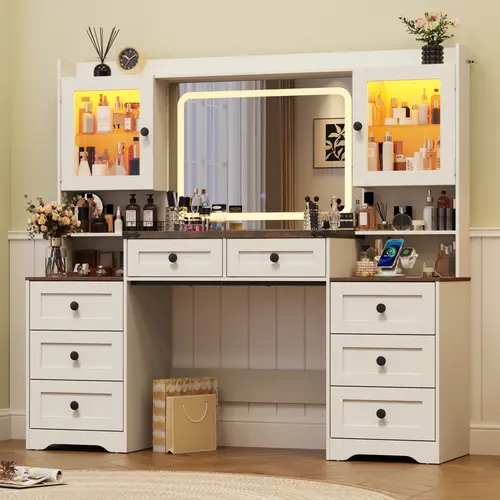 60" Large Farmhouse Vanity Desk with LED Mirror, Lights and Charging Station, Glass Top Makeup Vanity Table w/8 Drawers, LED Glass Storage Cabinet, Dressing Table for Bedroom, Rustic White/Rustic Brwon