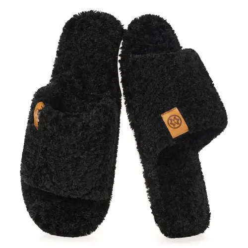Intini Men's Fuzzy Fur Indoor Footwear, Open Toe Slip-On Slippers with Soft Memory Foam & TPR Sole, Non-Slip Lightweight Bedroom Shoes for Indoor Wear Home Slides