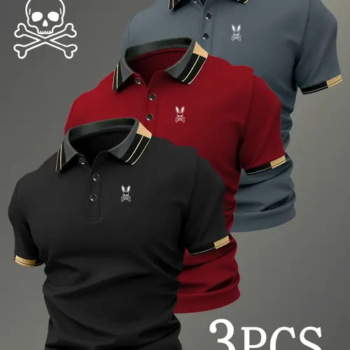 Men's Golf Casual Style Polo Shirt Set Top with Skull Rabbit Print, Fitted Collar Casual Shirt, Stretchy Breathable, High-Quality Comfortable All-Season Wear