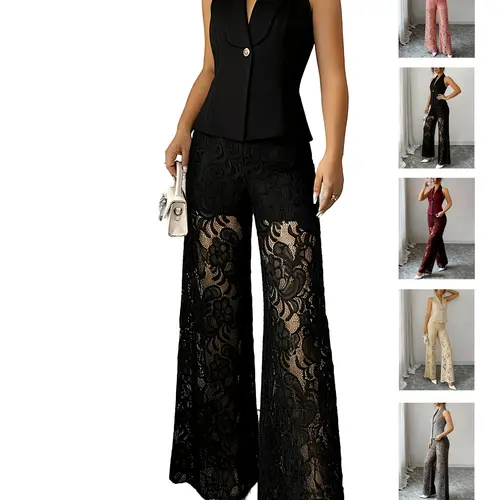 Women's Simple Business Style Chic Fashion Matching Set, Lace Patchwork Vest + Wide Leg Pants, Casual Two-Piece Summer M2651#, Elegant and Comfortable