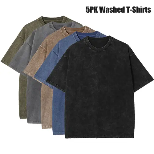 Men's 5-Pack Oversized Plain Short-Sleeve Cotton T-Shirts - Vintage Heavyweight Acid Wash Baggy Menswear, Streetwear Casual Gym Workout Tees