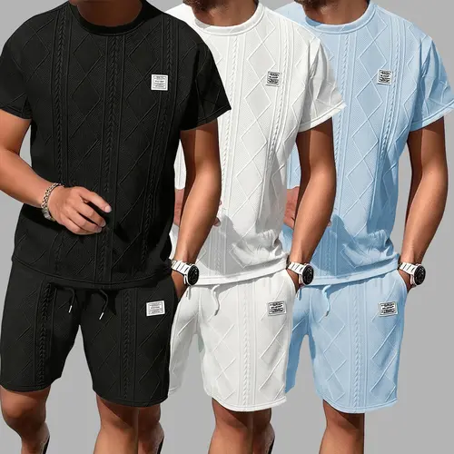 Men's 2-Piece Casual Jacquard Athletic Sets, Breathable Crew Neck T-Shirt & Shorts, Fitted Cut Preppy Holiday Menswear for Running & Leisure