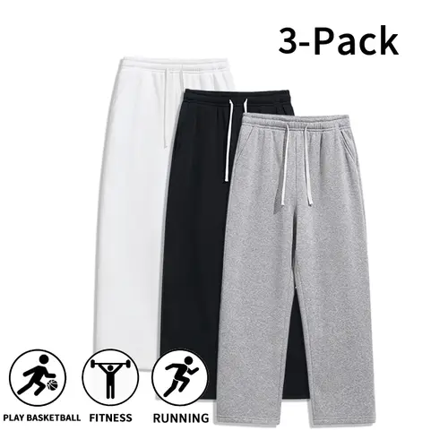 Men's 3-Pack Durable Polyester Track Pants, Wrinkle-Resistant Baggy Wide-Leg All-Season Pants for Fitness & Everyday Outfits (Optional Single Pack)