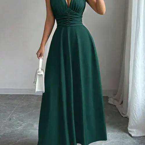 Deep V Neck Dress, Elegant A-Line Pleated Aesthetic Dress, Long Sleeveless Formal Party Gown, French Style Chic Evening Wear, Summer Daily