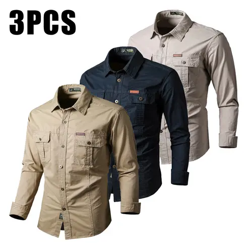3-pack men’s outdoor casual sports long-sleeve shirts made from pure cotton fabric, featuring multiple pockets and a lightweight fit—ideal for hiking and fishing in spring and autumn,fathersdaygift