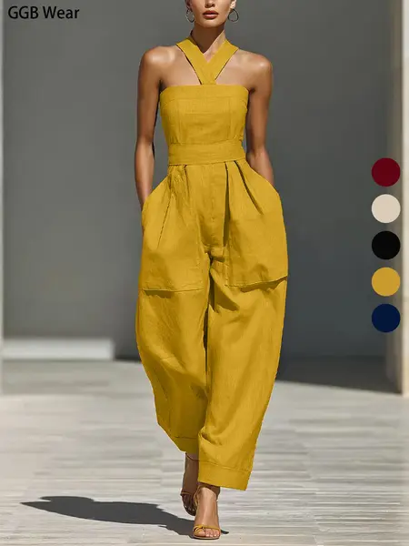 Women's Mustard Blended Jumpsuit, Cross Neck Design, Loose Fit, Lightweight, Breathable, Casual Style, Spring Summer New Arrival, Plain Surface, Unlined