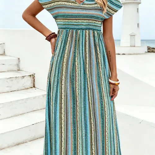 Plus Size Boho Striped Print Dress, Casual Loose Short Sleeve V Neck Beach Dress, Summer Fashion, Daily Wear, Bohemian