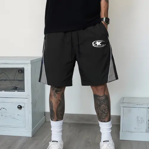 Men's Sporty Casual Shorts, Geometric Print, Loose Fit, Drawstring Waist, Pocket Design, Lightweight Nylon, Ideal for Basketball & Fitness