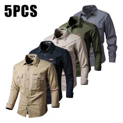5-pack new men’s long-sleeve shirts for outdoor casual wear with multiple pockets—suitable for sports, hiking, mountaineering, fishing, and leisure activities.Fathersdaygift