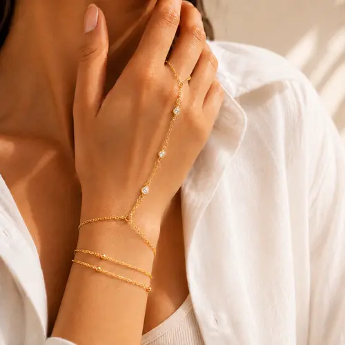 Women's 17KM 14k Gold Plated Bracelet Set - 2 Pcs Dainty Cubic Zirconia Ring Bracelets, Adjustable 6.3'+2' Size, 30g Fashion Accessories for Everyday Wear & Anniversary