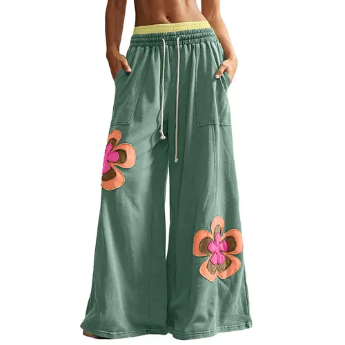 Women's Bohemian Wide-Leg Floral Patchwork Pants - Multi-Size (US 12-14)L Adjustable Cotton Blend Loose-Fit Elastic Waist Bottoms with Floral Embroidery, Stylish Casual Trousers with Pockets, Effortless Everyday Womenswear