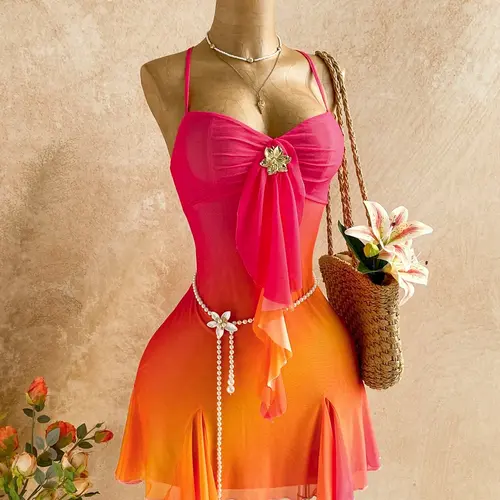 Women's Strapless, Sleeveless Bandeau Gradient Mesh Short A-line Dress, Decorated with Golden Flowers & Draped Ribbons, American Retro Y2K, Tropical Vacation, Casual Boho Style, Bohemian Style Dresses, Perfect for Beach Vacation, Music Festival, Party