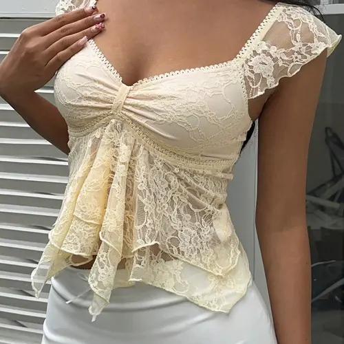 Women's Short Top Blouses, Summer New Fashion Sexy Backless Lace V Neck, Ruched Chest, Flutter Sleeve, Asymmetrical Hem, Perfect for Parties
