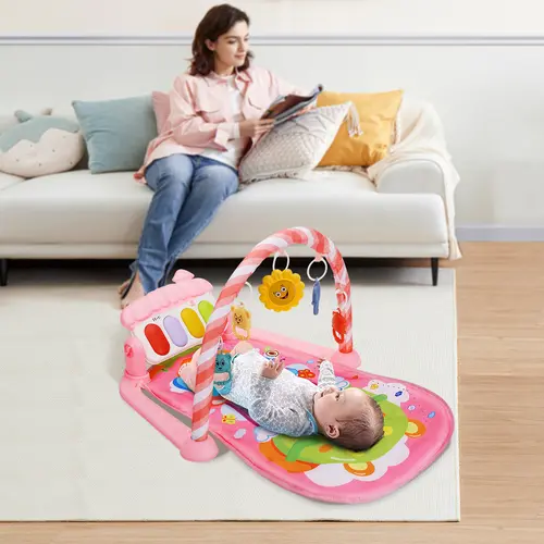 Baby Play Mat, Caveen Activity Gym Play Mat Center with Musical Play Piano and Hanging Rattles Toys, for Infants 0-12 Months, Pink,  Gift