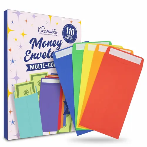 Decorably 110 Pack Colorful Money Envelopes for Cash, 6.5 x 3.5in with Self-Adhesive, Thick 100GSM, Coins, Tip, Gift, Trinkets, Small Items, Banking, Business, Jewelry