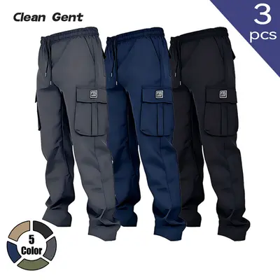 Clean Gent 3-Piece Set — Men’s solid-color cargo pants with flap pockets and drawstring, regular fit comfortable long pants for everyday wear, versatile for spring and autumn.