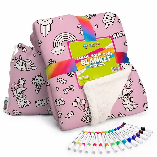 Craftikit Unicorn Character-Themed Colorable Blanket - 40x60 in Personalized Soft Bedding with Fabric Markers, Travel Tote, Machine Washable, Snug as a Bug in a Rug Sleepover Gift for Children, All Seasons Birthday Item