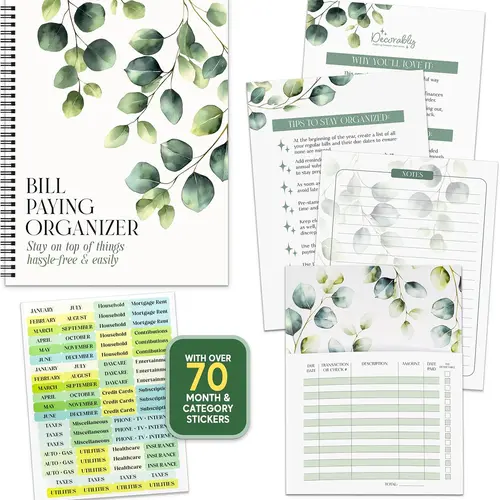 Decorably 14 Pocket Pages Undated Eucalyptus Bill Payment Tracker Monthly Organizer, 9x12in Spring-Bound, with Notes and Stickers for Listing Expenses and Receipts - Home, Work, Office