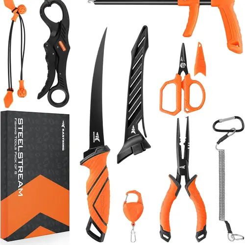 【Summer Wins】KastKing SteelStream 8-Piece Fishing Tool Kit with Fishing Pliers, Fillet Knife, Floating Fish Gripper, Braid Scissors & Hook Remover