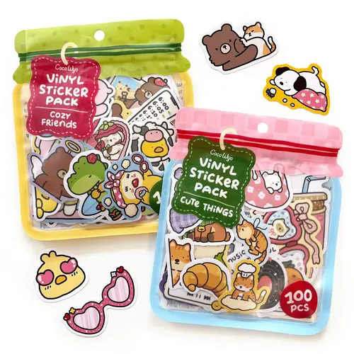 Coco Wyo Sticker Pack Set of 2 (100 pcs Each) – Cozy Friends & Cute Things - Cool, Junk Journaling, Scrapbooking