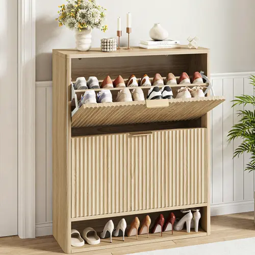 IRONCK Fluted Shoe Cabinet Storage with 2 Flip Drawers, Narrow Shoe Cabinet with Adjustable Shelves for Entryway, Slim Shoe Rack Cabinet for Hallway Organiser