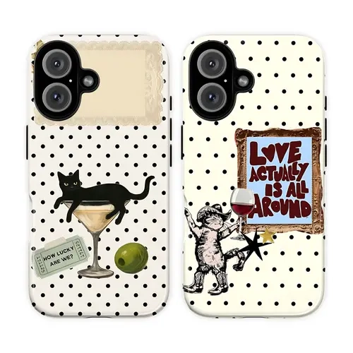 Vintage Black Cat Martini Protective Smartphone Casing - Quirky Indie Aesthetic Polka Dot Retro Art Collage with Wine Glass, Olive & Gallery Frame, Coquette Y2K Cover for iPhone 17,16,15,14,13 Pro Max, Trendy Cellphone Accessories Gift for Students