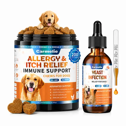 Carmelie Skin & Allergy Support Bundle for Dogs – Yeast Support Drops + Allergy Relief Chews | Helps Support Healthy Skin, Ears & Paws, Relieves Itching, Paw Licking & Seasonal Discomfort