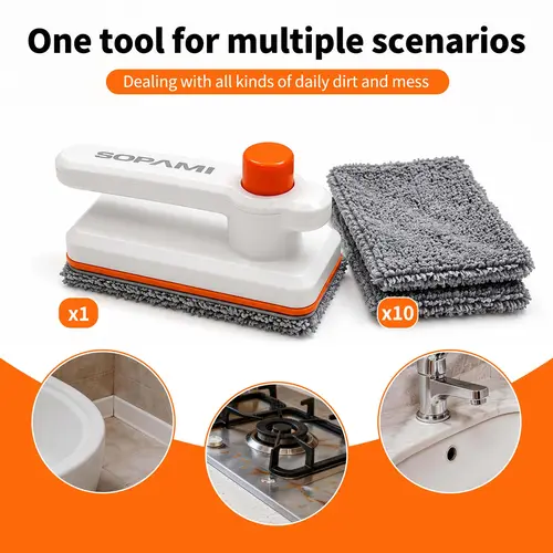 SOPAMI Handheld Mini Contactless Flat Mop - Hands-Free Disposable Wipe System, 10 Microfiber Pads, Easy Mopping Clamp Cleaning Tool for Kitchen Counters, Bathroom Sinks, Microfiber Cloth, Cleaning Tool Mops, Floor Cleaning Tool, Microfiber Towel, Mopping