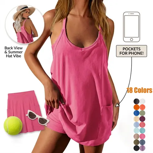Women's Summer Sleeveless Mini Dress V Neck Spaghetti Straps Athletic Built-in Shorts Sundress SummerVibes