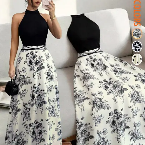 Women's Casual Party Sleeveless Tank Dress, Floral Print Patchwork Waist Midi Dress, Floral Design Dress, Dresses for Party, Perfect for Gatherings