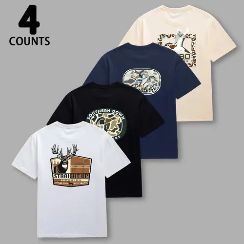Men's 4-Piece Casual Top Set - Mens Clothing, Men's Graphic Tees, Ultra-Soft Crewneck Short-Sleeve Basics, Rustic Hunting-Inspired Wildlife & Nature Prints, Ideal for Outdoor Adventures & Everyday Errands