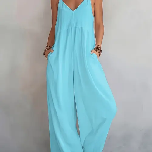 2026 New Summer Women's High-Waisted Casual Basic Versatile Wide-Leg Spaghetti Strap Sleeveless One-Piece Dress, Trendy and Comfortable Fashion for Daily Wear