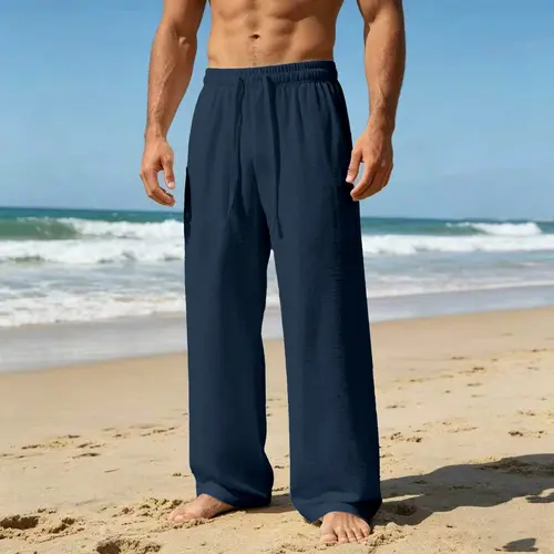Men’s lightweight, breathable loose long pants for summer with drawstring tie, 100% polyester fiber, suitable for beach vacations and everyday wear.
