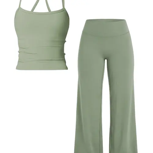 Women's Sportswear Set, Tank Top and Wide Leg Pants, Solid Color Yoga Straight Leg Pants, Comfortable Fashion Fitness Running